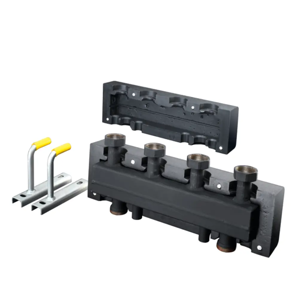 Oventrop Hydraulische Weiche mit zwei Anschlussstutzen, Verbindungselementen und isolierter Oberfläche, geeignet für Heizkreise, in grauer Farbe.